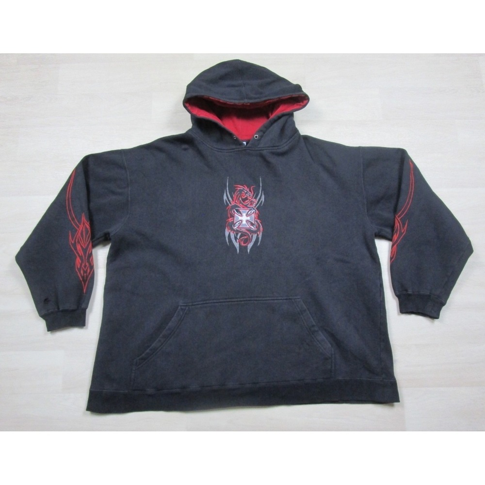 Vintage Y2K Hoodie Sweatshirt Men's (XL) Iron Cross Dragon Tribal Sleeve Cyber